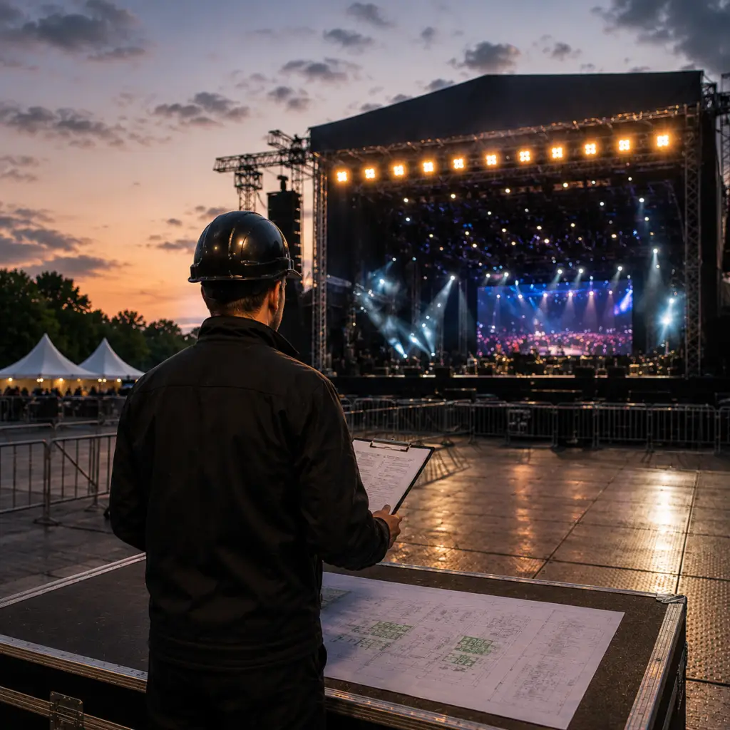 Sicherheitsfachplaner mit Helm und Plan vor einer Open-Air-Bühne in der Abenddämmerung
