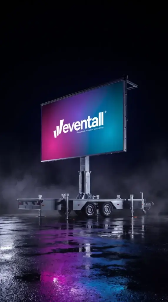 LED-Wand-Trailer bei Nacht mit eventall-Logo auf der LED-Wand