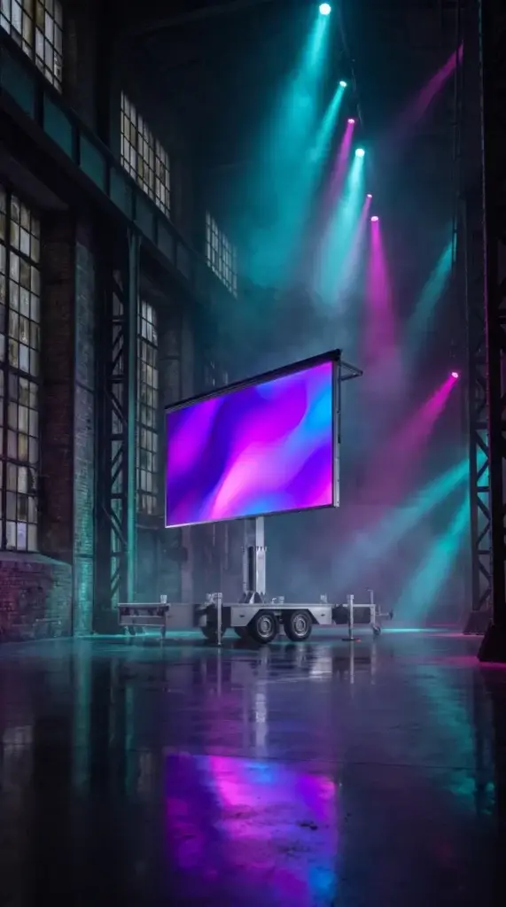 LED-Wand-Trailer in einer Industriehalle mit Bühnenlicht