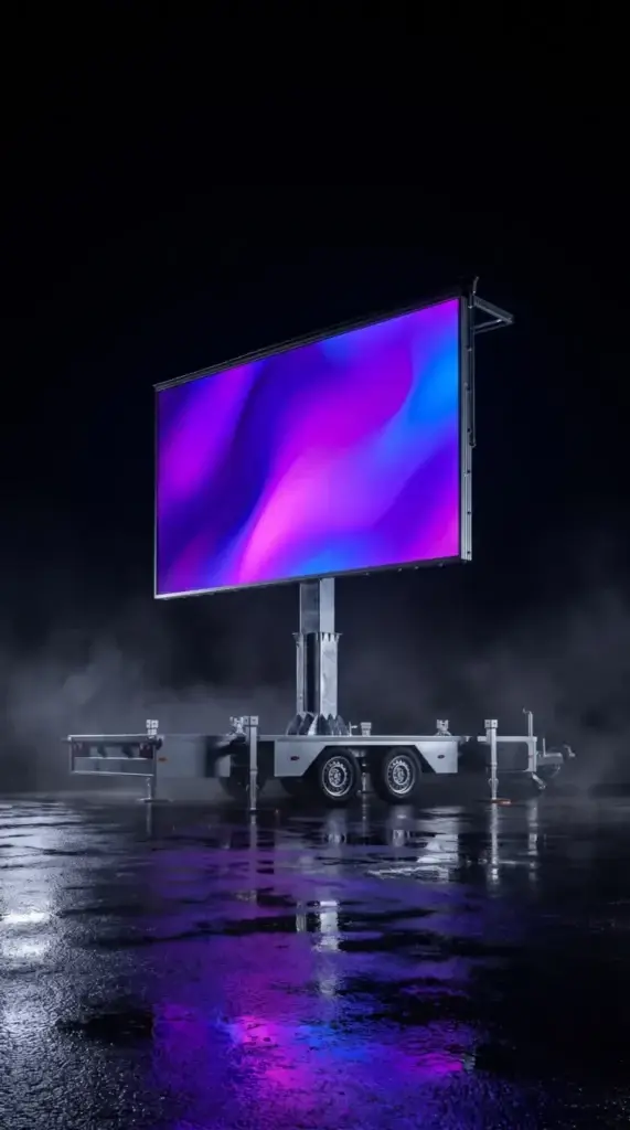 LED-Wand-Trailer bei Nacht im Nebel, Wand leuchtet in Magenta und Cyan