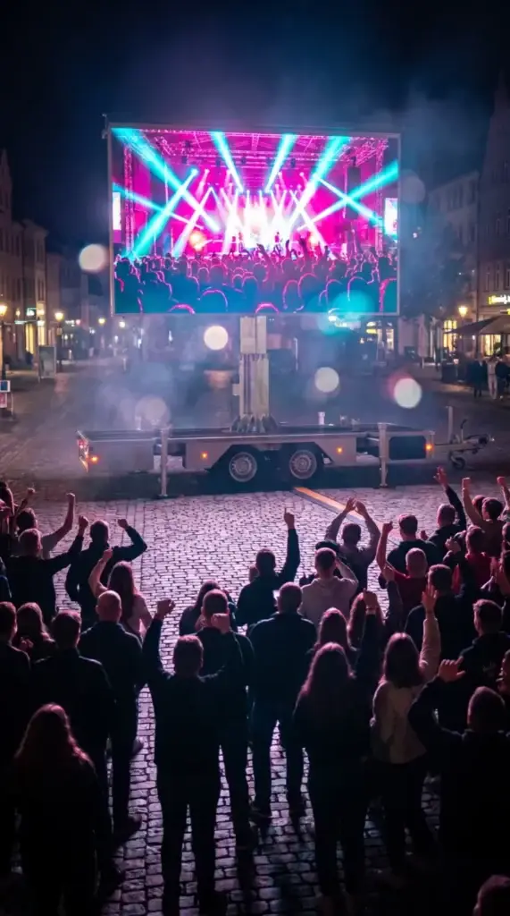 Publikum jubelt beim Public Viewing vor dem LED-Wand-Trailer auf dem Marktplatz