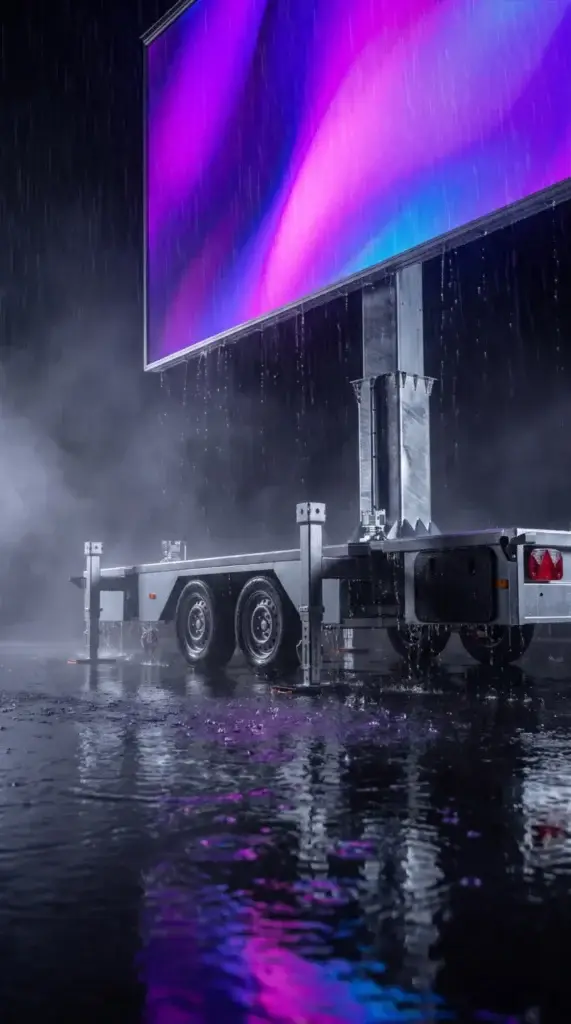 Wetterfester LED-Wand-Trailer im Regen auf nassem Boden
